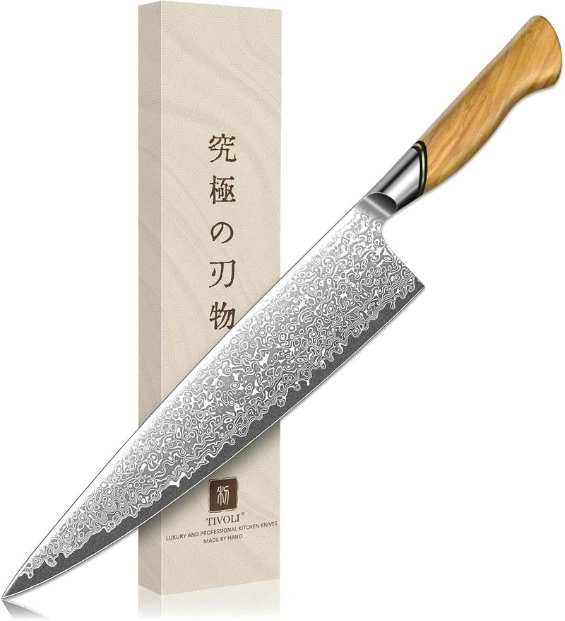 Tivoli Japanese Gyuto Knife 10 Inch– VG-10 Damascus Chef Knife with Razor Sharp Blade and Ergonomic Olive Wood Handle, Ideal for Meat, Vegetables & Daily Cooking - Image 1